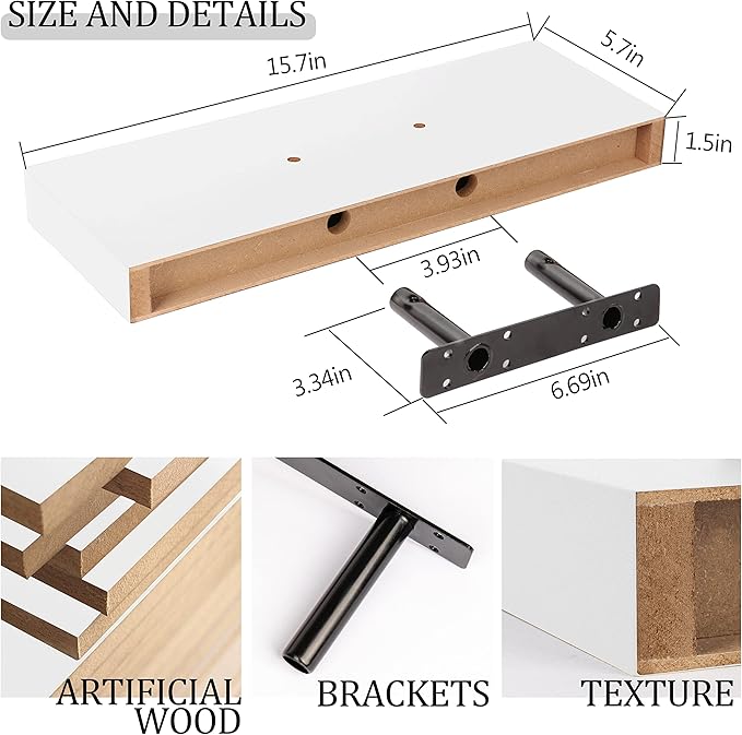 BAMEOS Floating Shelves, White Wall Mounted Wooden Shelves with Invisible Brackets Set of 2, Hanging Wall Shelves Decoration for Bedroom, Bathroom, Living Room and Kitchen