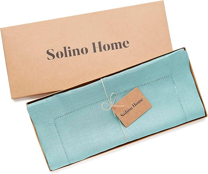 Solino Home Linen Aqua Blue Table Runner 144 Inches Long - 100% Pure Linen Extra Long Table Runner 14 x 144 Inch - Classic Hemstitch