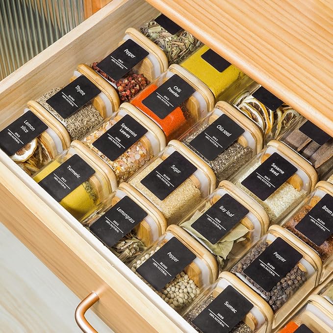 ComSaf 16Pcs Glass Spice Jars with Bamboo Lid, 4oz Airtight Square Spice Containers with 275 Black Lables, Empty Seasoning Jars for Spice Salt Sugar