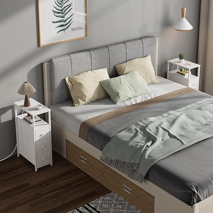 TUTOTAK Narrow Night Stand with Charging Station, Slim End Table with Plugins, Tall Side Table with 3 Fabric Drawer, Small Bedside Table with Storage, Set of 2, Living Room, Bedroom, White TB01BW073