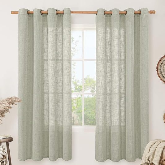 LAMIT Sage Grey Linen Curtains 72 Inch for Living Room 2 Panels, Linen Textured Light Filtering Semi Sheer Bronze Grommet Privacy Panels for Bedroom/Farmhouse, 52 x 72 Inch