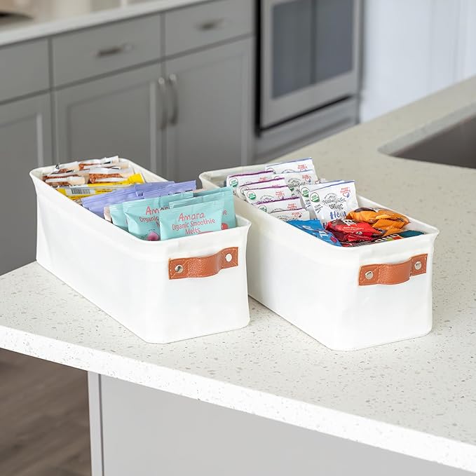 OrganiHaus Narrow Storage Bins 15x06in, Small Closet Bins for Shelves, Bathroom Storage Baskets for Shelves, Narrow Baskets, Fabric Organizer with Handles, Toilet Paper Organizer - 2 Pack, Off-White