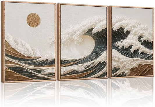 HLNIUC Sea Wave Framed Canvas Wall Art,Abstract Sun Seascape Wall Decor Set of 3(16”x24”) Large Modern Ocean Beach Art Print,Great Wave Sunset Pictures Canvas Famed Painting for Living Room,Bedroom