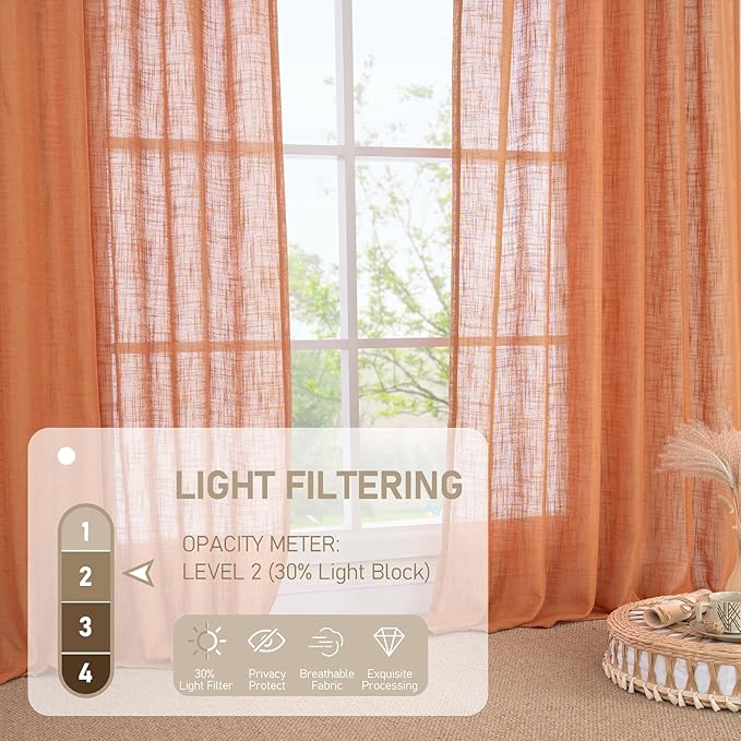 LAMIT Burnt Orange Semi Sheer Linen Curtains 63 Inch Length, Light Filtering Panels Bronze Grommet Country Decor Drapes for Bedroom/Living Room, 2 Panels, 34 x 63 Inch