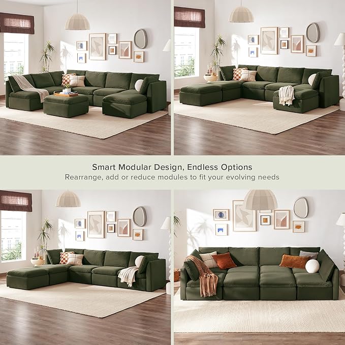 mopio Oversized Modular Sectional Sofa with Fully Removable Covers and Storage, Convertible U, L-Shaped and Sleeper Sectional, Modern Couches with Ottoman Chaise (Olive Green Velvet, 8 Seats, U)