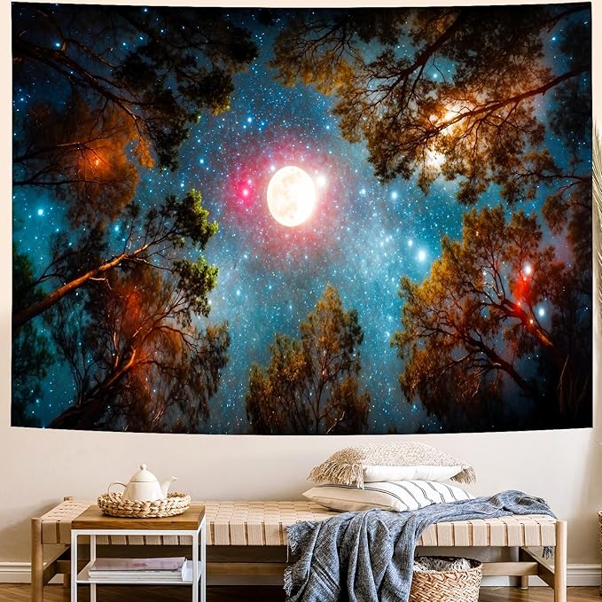 Delur Forest Tapestry Galaxy Moon Stars Night Space Starry Sky Wall Hanging Tapestry Aesthetic Tree Nature Landscape Psychedelic Headboard for Bedroom Living Room Home Decor (70.8" x 92.5")