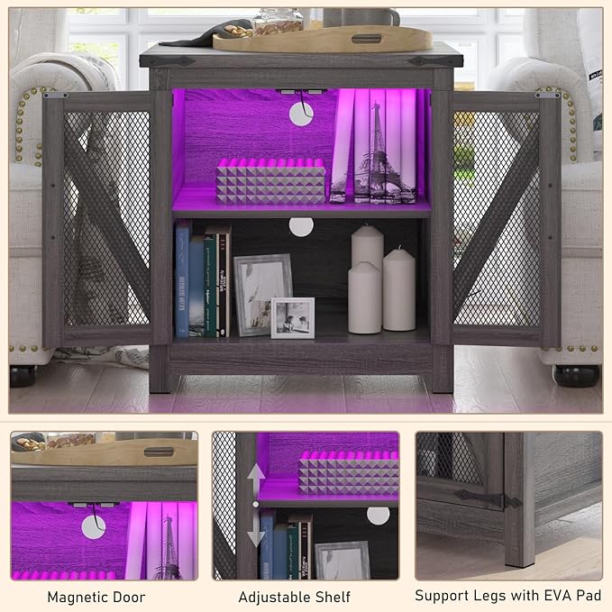 Farmhouse End Table, 24" Large Sofa Side Table with Charging Station, Mesh Barn Door, and Adjustable Storage Shelf, Rustic Wood Square Nightstand for Living Room, Bedroom, Office, Grey