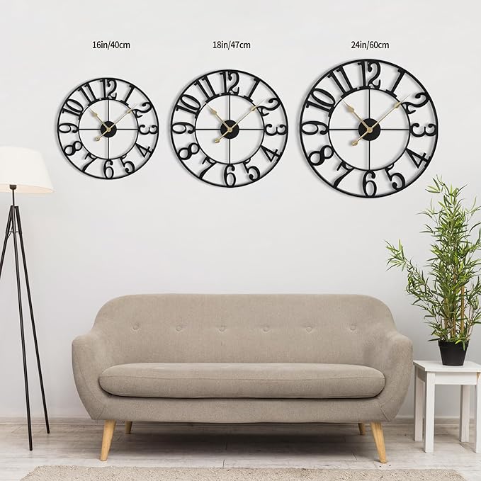 LEIKE Large Wall Clock, 18.5" Silent Non-Ticking, Battery Operated, Oversized, Decorative Retro Black Metal Clock for Living Room,Farmhouse, Dinner Room,Indoor, Outdoor(47cm, Black Arabic Number)