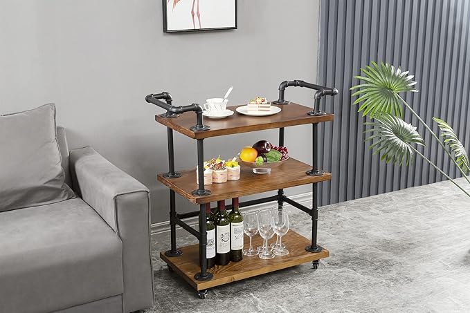 Industrial Pipe Bar Carts/Serving Carts/Kitchen Carts/Wine Rack Carts on Wheels with Shelves - Wood Rolling Carts - Wine Tea Liquor Shelves/Holder - Home Furniture