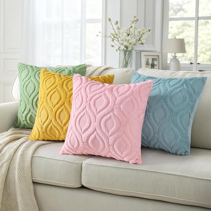 decorUhome Fall Throw Pillow Covers 16x16 Inch Set of 2, Soft Plush Decorative Faux Fur Aqua Solid Couch Pillow Covers, Accent Farmhouse Neutral Square Euro Pillow Cases for Sofa Bed Living Room
