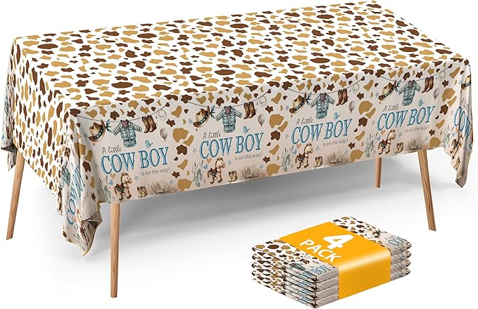 ATFUNSHOP Cowboy Baby Shower Tablecloth 4 Pack 54X108 A Little Cowboy is On The Way Western Theme Table Cover, Rustic Baby Boy Rodeo Party Decorations