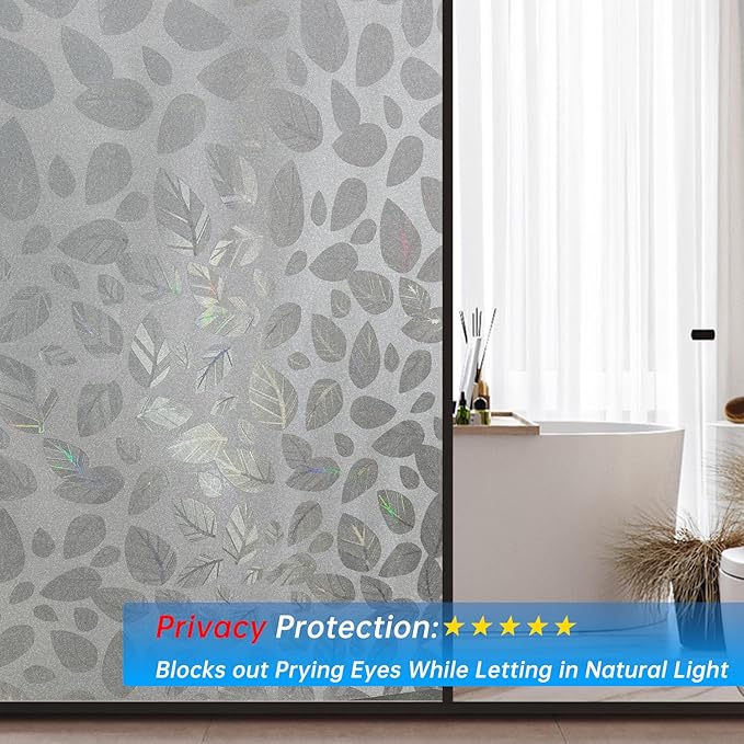 Frosted Glass Window Privacy Film Decorative, Bathroom Privacy Film for Glass Windows Cover, Static Cling, Removable, Reusable, Anti-UV, Anti-Glare, Heat Blocking,（Leaf White 17.5X78.7Inch）