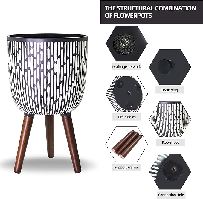 2 Set Plant Pot with Stand 10 & 12 inches, Mid-Century Large Planter with Legs for Indoor Plants, Boho Print Standing Plant Pot with Drainage Plug for Monstera, Herb, Succulent Flower Pot