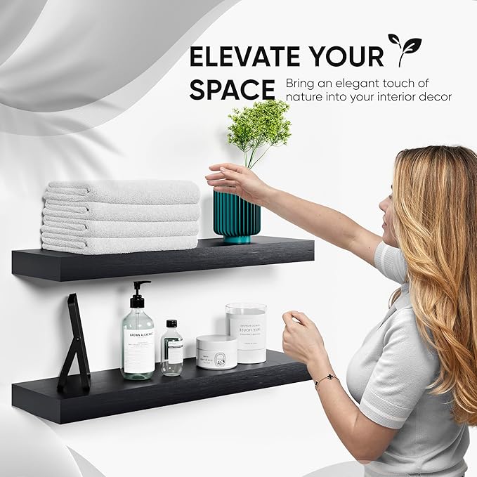 Homeforia Black Floating Shelves 24 inch, High End Solid Real Wood 24inch Bathroom Floating Shelf for Wall Mounted, Black Wooden 24in Floating Shelves, Heavy Duty Bracket, 24 X 6.5 X 1.75 in, Set of 4