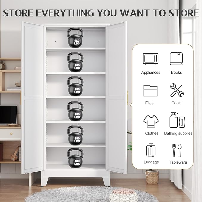 75.2" Tall Pantry Cabinet, Kitchen Pantry Storage Cabinets with 2 Door and 5 Adjustable Shelves, White Metal Pantry Storage Cabinet, Cupboard for Kitchen, Dining Room, Living Room and Bathroom