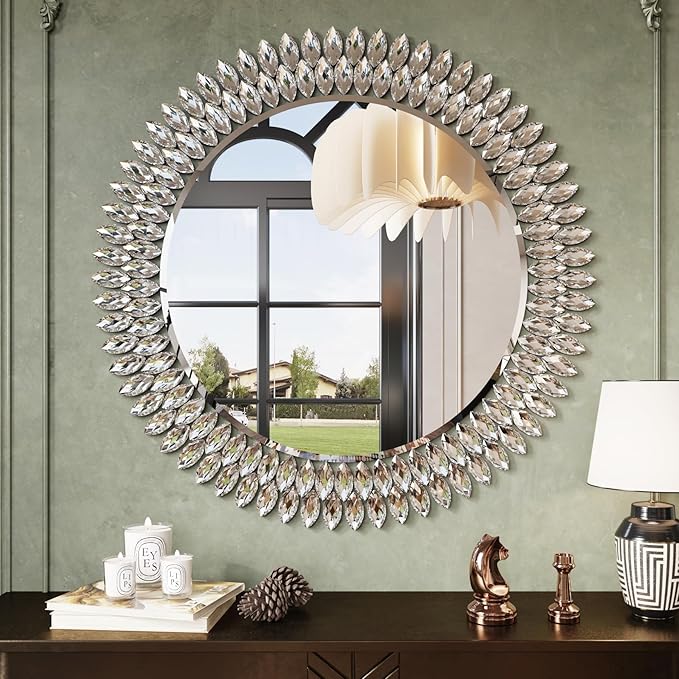 Kelly Miller Round Jeweled Mirror for Wall Decor, 32 in Modern Decorative Wall Mirror with Luxury Diamonds Beveled Vanity Mirror for Bedroom, Living Room, Bathroom, Hallway, Entryway, Fireplace