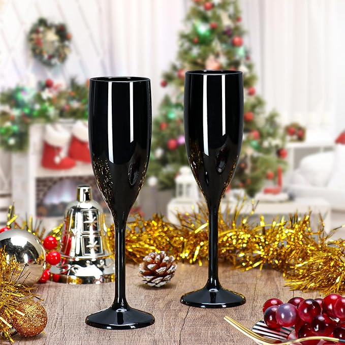 XUWAIDSGN Acrylic Champagne Flutes Toasting Glasses Unbreakable Mimosa Bar Reusable Wine Glasses Vintage Champagne Flutes Stemmed Drinking Cups 5.4 OZ for Christmas Birthday (24, Black)