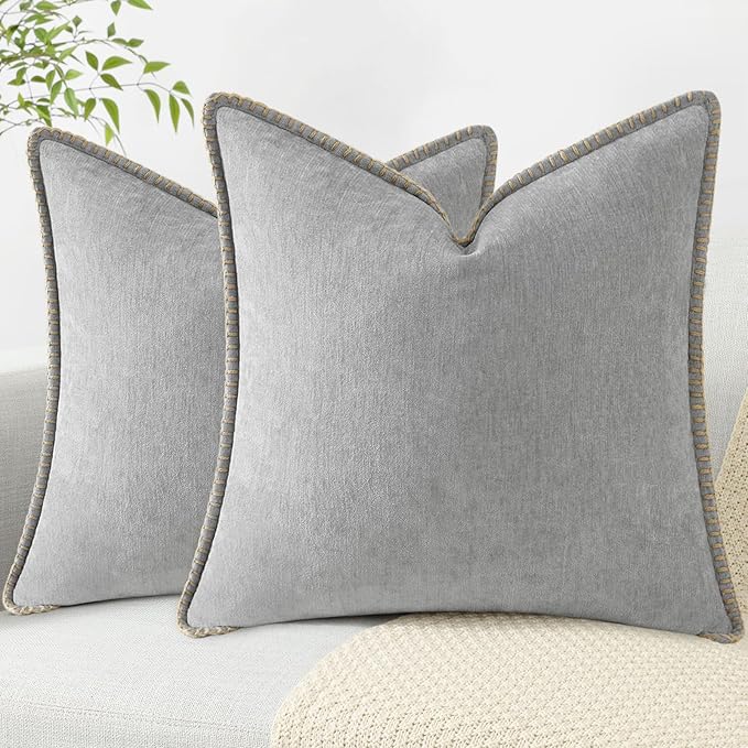 decorUhome Chenille Soft Throw Pillow Covers 20x20 Set of 2, Farmhouse Velvet Neutral Decorative Euro Pillow Covers with Stitched Edge for Couch Sofa Bed Home Decor, Neutral Gray