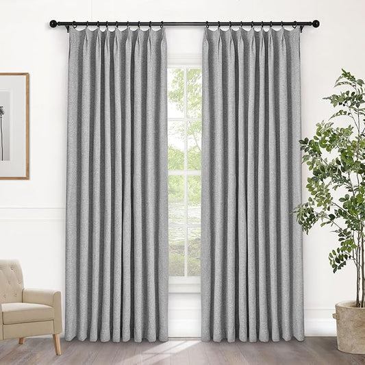 Macochico Pinch Pleated Blackout Linen Curtains 96 Inches Long 100% Light Blocking Burlap Curtains for Bedroom Living Room Thermal Window Panels with Tieback 72”Wx96”L Light Grey 1 Panel