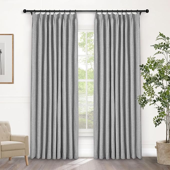 Macochico 52”Wx96”L 100% Blackout Curtains for Bedroom Living Room Nursery Light Grey Pinch Pleated Linen Curtains Farmhouse Burlap Drapes Thermal Window Panels with Hooks and Tieback 1 Panel