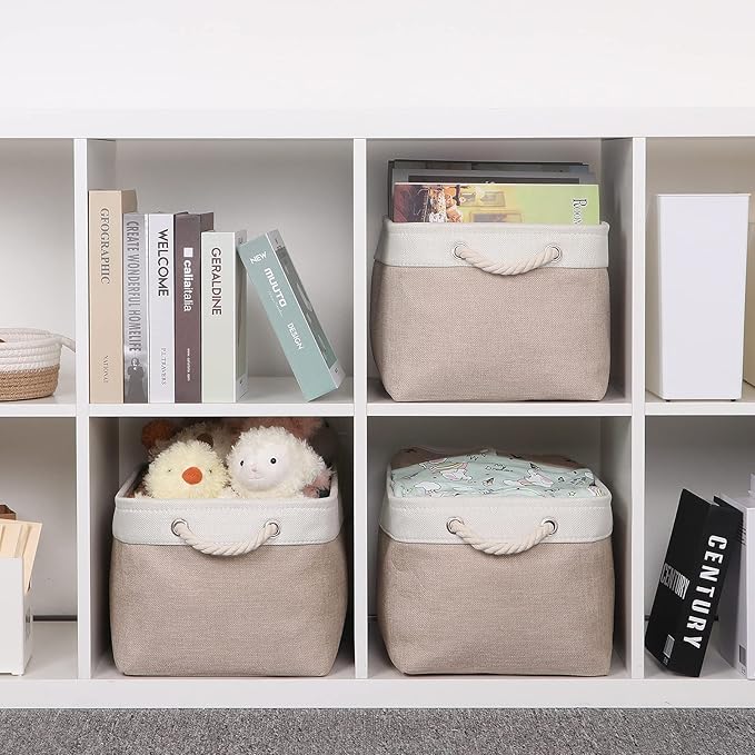 Bidtakay Large Fabric Baskets with Handles [3-Pack] Collapsible Storage Basket for Shelves 15 X 11 X 9.5 inches Canvas Bins for Closet Organization (White&Beige)