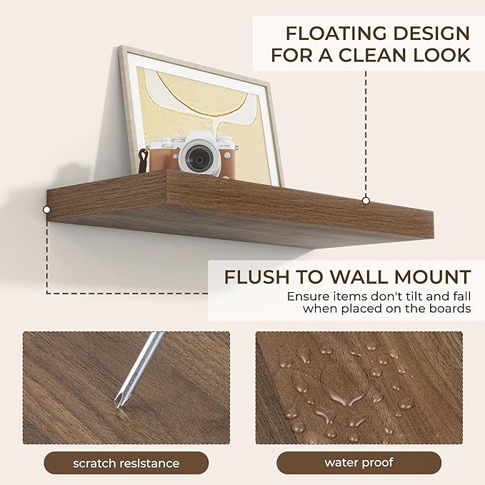 RICHFOCUS 24Inch Floating Shelves for Wall 2 Pack Shelves for Bedroom|Kitchen|Bathroom Wall Mounted Rustic Wood Floating Shelf with Invisible Brackets for Books|Storage|Decor, Walnut