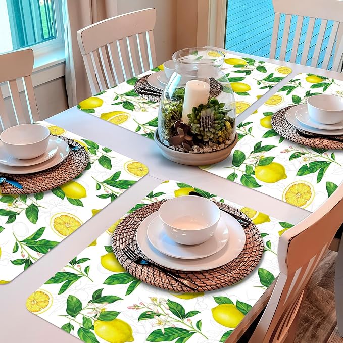 Lemon Placemats Set of 6 Summer Plastic Table Mats Yellow Lemonade Theme Place Mats Washable Vinyl Rustic Holiday Table Decoration for Indoor Outdoor Party Kitchen Dining