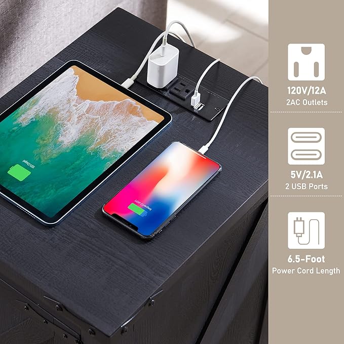 JXQTLINGMU Nightstand with Charging Station, Rectangular Farmhouse End Table with Barn Door and Adjustable Storage Shelf, 17" Deep Wood Rustic Sofa Side Table for Living Room, Bedroom, Black