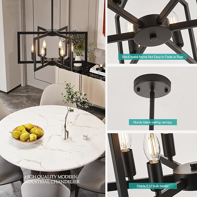 Modern Farmhouse Black Chandeliers for Dining Room, 6-Light Industrial Metal Chandeliers Geometric Pendant Lights Kitchen Island for Entryway Stairway Foyer Hallway