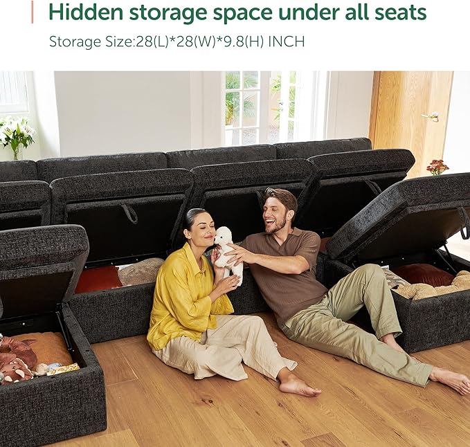 HONBAY Grey Chenille Fabric Modular Sectional Sofa with Storage, U Shaped Sectional Couch for Living Room, 111.10W x 66.20D x 35.40H inches