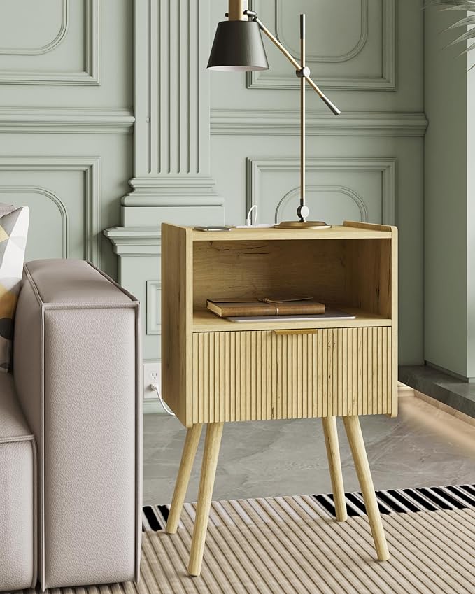 Nightstand,Modern Bedside Table with Storage Drawer and Open Wood Shelf, Accent Night Stand with Solid Wood Legs for Living Room, Bedroom and Small Spaces,Easy Assembly (Yellow Oak-Outlet)