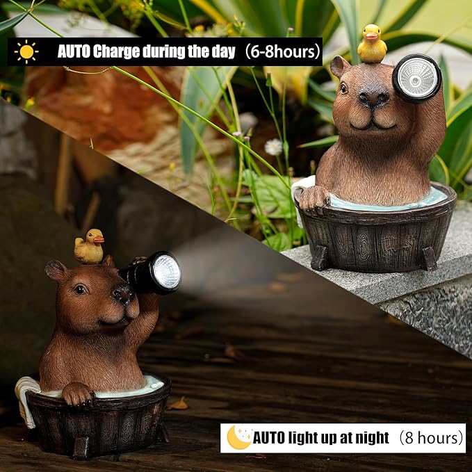Capybara Solar Garden Statue – Funny Outdoor Resin Animal Decor with Flashlight & Duck – Waterproof Yard Lawn Ornament with LED Light – Solar Powered Figurine for Patio, Porch, Landscape