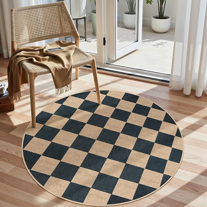 Lahome Checkered 4 ft Easy Jute Round Rug, Washable Small Rugs for Entryway Patio, Farmhouse Non Slip Non Shedding Indoor Outdoor Circle Carpet for Kitchen Porch