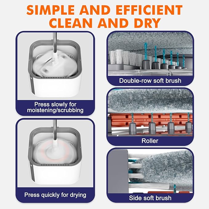 Upgraded Spin Mop and Bucket Self-Standing Mop Bucket Separate Dirty and Clean Water System Self Wringing 360° Rotating Clean Mop and Bucket Set (Light Gray, 10Pads Mop and Bucket Set)