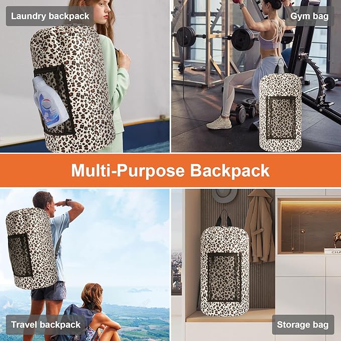 Laundry Bag Backpack Durable Laundry Bag with Shoulder Straps and Mesh Pockets Portable Laundry Dirty Clothes Hamper Bag for College Dorm (Leopard Print)