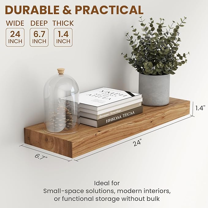 Wood Floating Shelves for Wall, 24" Floating Shelves Wall Mounted, Rustic Old Elm Wood Shelf for Home Decor, Heavy-Duty Storage Shelves for Books, Bathroom, Kitchen, Natural Color, Set of 2