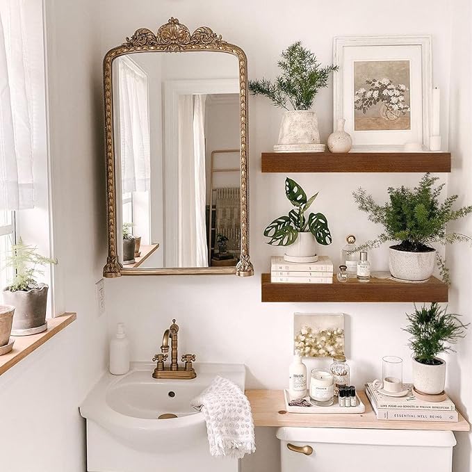 IAE Walnut Floating Wall Shelves 16 inch, Bathroom Shelves Wall Mounted,Invisible Shelf Floating Kitchen Shelves,Wooden Wall Shelving with Brackets for Living Room Wall Mounted,Easy Install,Set of 2