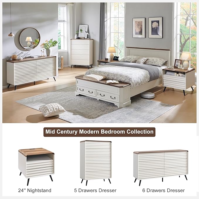 RedLemon 24" Nightstand Set of 2 with Charger Station, Mid Century Modern Fluted End Table with 2 Drawers，Wooden Side Table with Open Cubby Storage for Living Room, Bedroom, Office (Antuique White)