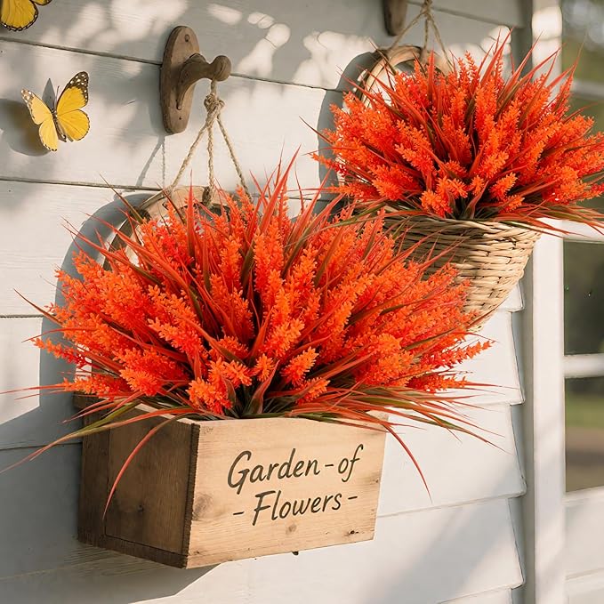 Geegoods 24 Bundles Artificial Fall Flowers Outdoor – Faux Lavender Flowers with Monkey Grass UV Resistant Plastic Faux Plants for Garden Porch Patio Home Decor, Autumn-red Color