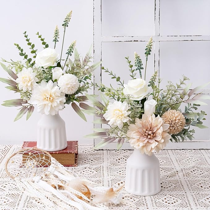 Fake Flowers in Vase, Artificial Flowers with Vase, 15.7'' Floral Arrangements for Dining Table Centerpiece Decor, Silk Roses & Faux Dahlia Bouquet for Farmfouse Kitchen Coffee Table Decor (White)