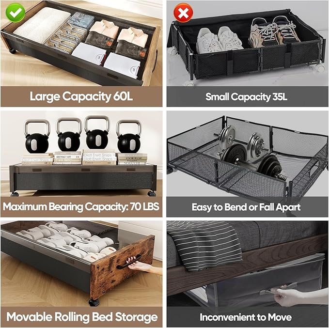 Wooden Under Bed Storage with Wheels, Rolling Under the Bed Storage Bins with Removable Lid, Metal Under Bed Drawers for Clothes and Shoes in Bedroom or Living Room(Black Wood-1pack)