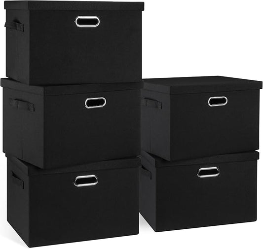 Large 17" 36 Quart Collapsible Stackable Storage Bins with Lids, 5 Packs Black Linen Fabric Closet Boxes with Lids, Storage Cube Baskets Container Organizers for Bedroom Office(17 x12 x11)