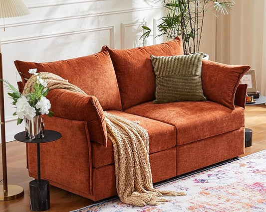 Oversized Loveseat Sofa, Modern Modular Sectional Couch Terracotta Orange Fluffy Chenille Mid Century 2-Seat 24.5" Deep Seat for Apartment, Living Room, Bedroom