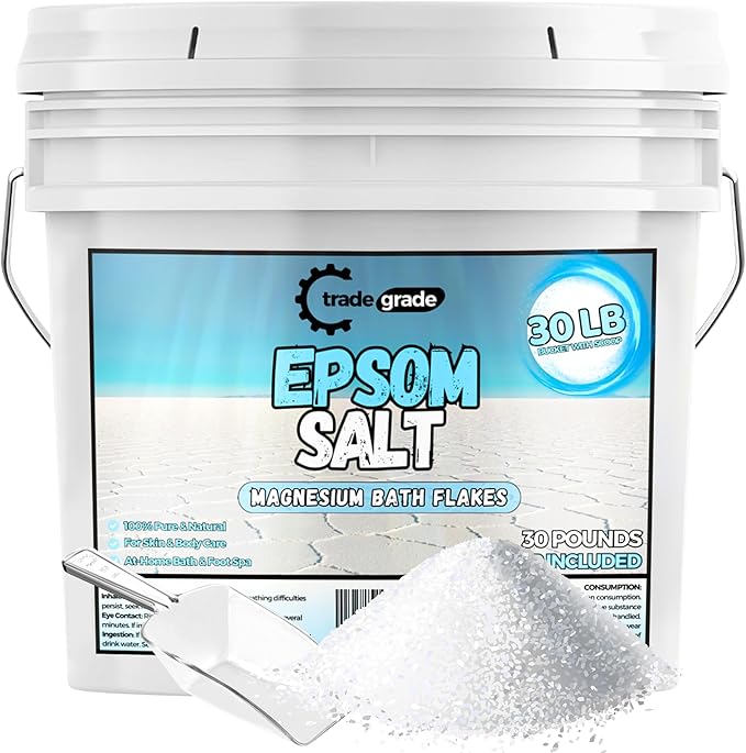 Epsom Salt Bath Soak 30 lb Bucket – Unscented, Pure Epsom Salt Bulk Crystals, Magnesium Sulfate for Full Body or Foot Soaks, Resealable Container with Scoop for Home Bath Use