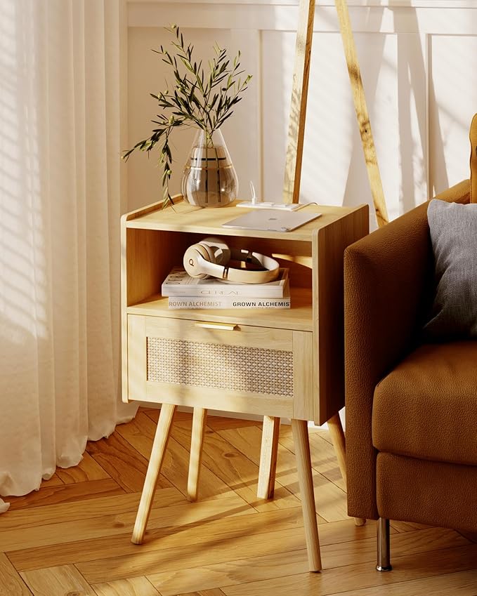 Rattan Nightstand with Outlet,Modern Bedside Table with Storage Drawer and Open Wood Shelf, for Living Room, Bedroom and Small Spaces, Accent Night Stand with Solid Wood Legs,Yellow Oak