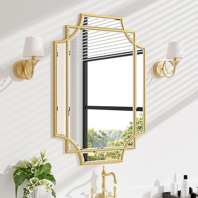 Bathroom Mirror for Wall Gold Farmhouse Wall Vanity Mirror for Over Sink Wood Framed Beveled Mirrors Deco（20 * 28IN/Gold）