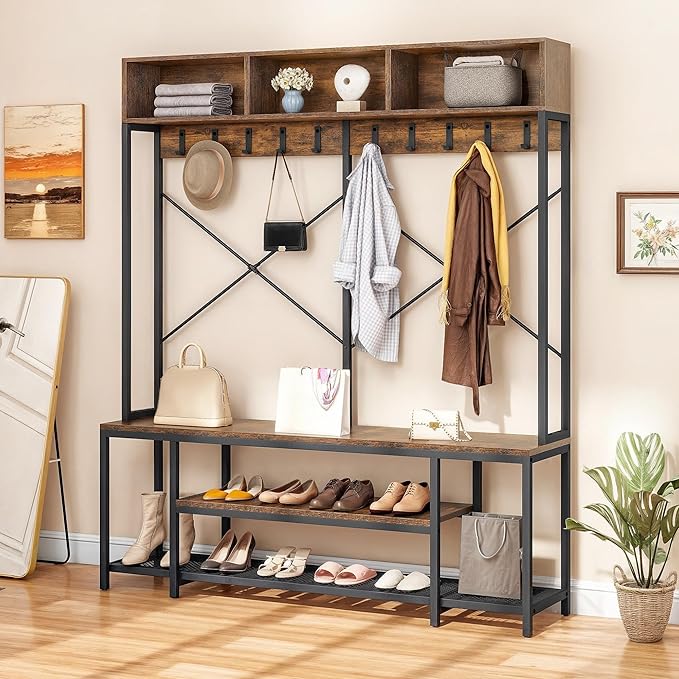 YITAHOME Entryway Bench with Coat Rack, 5-in-1 Hall Tree with Shoes Storage, Industrial Freestanding Coat Rack Shoe Bench with Storage Shelves, 10 Hooks for Hallway, Bedroom, Rustic Brown