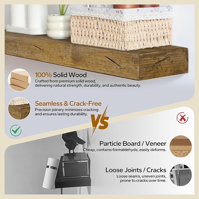 Floating Shelves 3 inch Thick for Wall Set of 2,Solid Pine Wood Wall Mount Shelf for Kitchen Living Room Bedroom Bathroom,8" D x 60" L x 3" H-Distressed Black Walnut