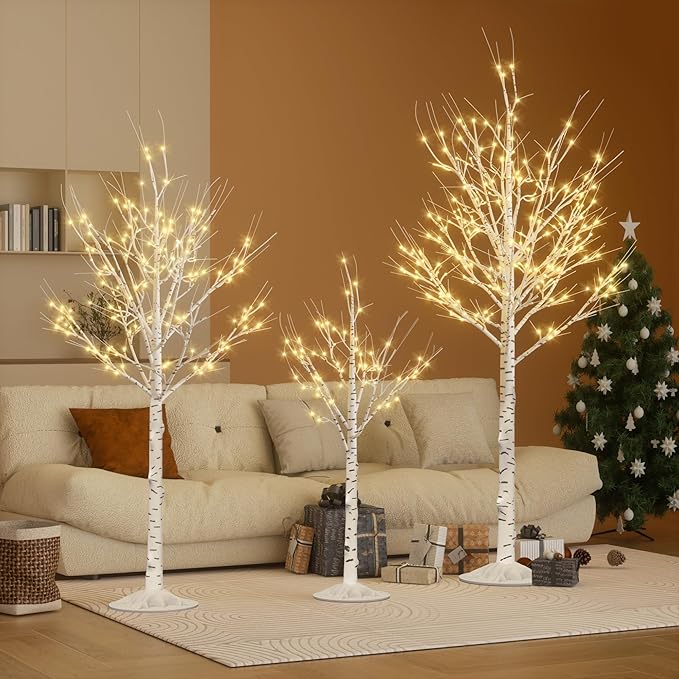 Outdoor Christmas Decorations Lighted Birch Tree Set of 3, LED Warm White 4, 6 and 8 Feet, for Indoor Christmas Decor, Party, Garden, Yard, Wedding, Holiday