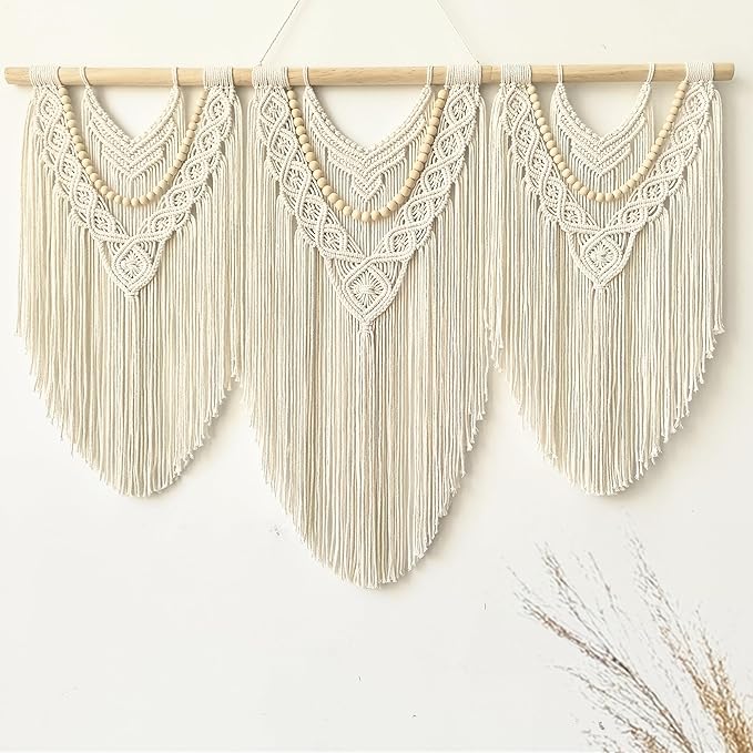large macrame wall hanging - Boho Tapestry Macrame Wall Decor Art- Chic Bohemian Handmade Woven Tapestry Home Decoration for Bedroom Living Room Apartment Wedding Party - 43"x32" (Beige-Wood Bead)